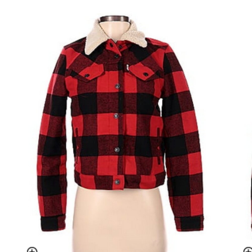 Levi's Red and Black Plaid Trucker Jacket With Sherpa Lining - M